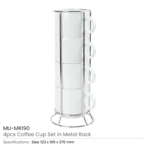 Ceramic Coffee Cups Set 4Pcs in Silver Metal Rack - Image 3