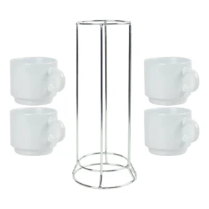 Ceramic Coffee Cups Set 4Pcs in Silver Metal Rack - Image 4