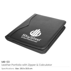 Leather Zipper Portfolio with Memo Pad, Card Slots & Calculator - Image 4