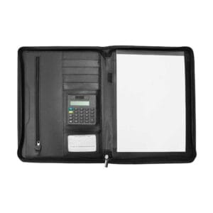 Leather Zipper Portfolio with Memo Pad, Card Slots & Calculator - Image 3