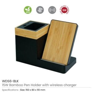 Bamboo Pen Holder with 15W Wireless Charger & LED Logo - Image 3