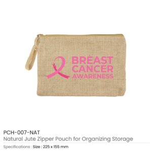 Jute Zipper Pouch with Breast Cancer Awareness Logo - Image 3