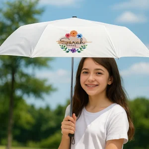 Bi-Fold Umbrella in White with Velcro Closure and Pouch - Image 2