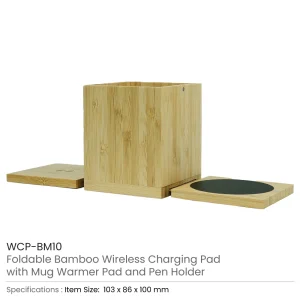 Foldable Bamboo Fast Wireless Charging Pad 15W with Mug Warmer and Pen Holder - Image 3