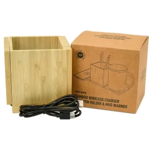 Foldable Bamboo Fast Wireless Charging Pad 15W with Mug Warmer and Pen Holder - Image 9