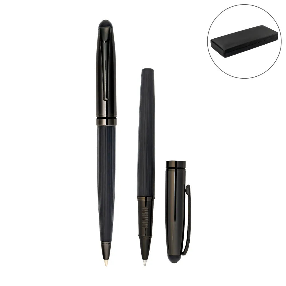 Black-Metal-Pen-Set-PN63-Blank.webp Black Metal Pen Set with Matte & Glossy Finish in PU Leather Box - Image 1