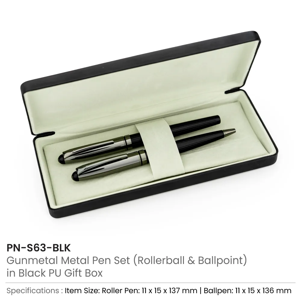 Black-Metal-Pen-Set-PN63-Details.webp Black Metal Pen Set with Matte & Glossy Finish in PU Leather Box - Image 4