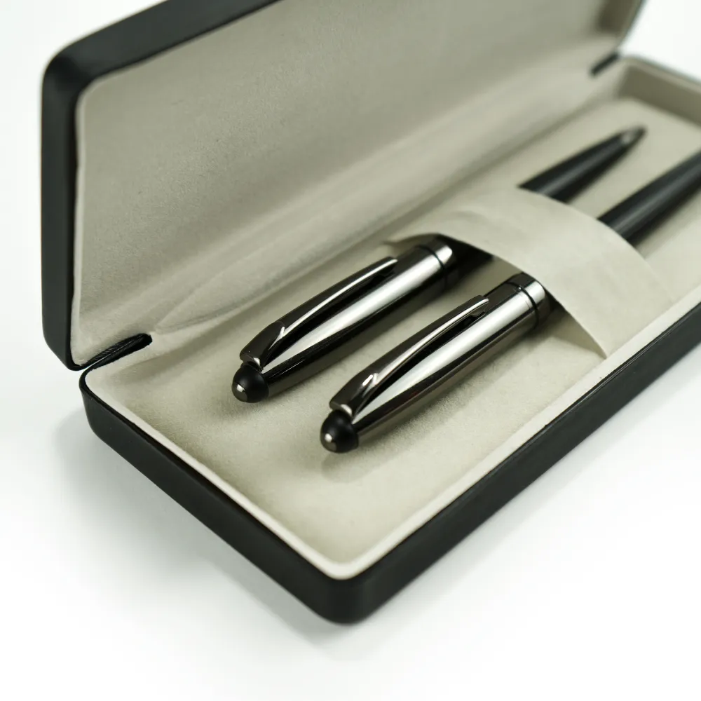 Black-Metal-Pen-Set-PN63-Sample.webp Black Metal Pen Set with Matte & Glossy Finish in PU Leather Box - Image 3