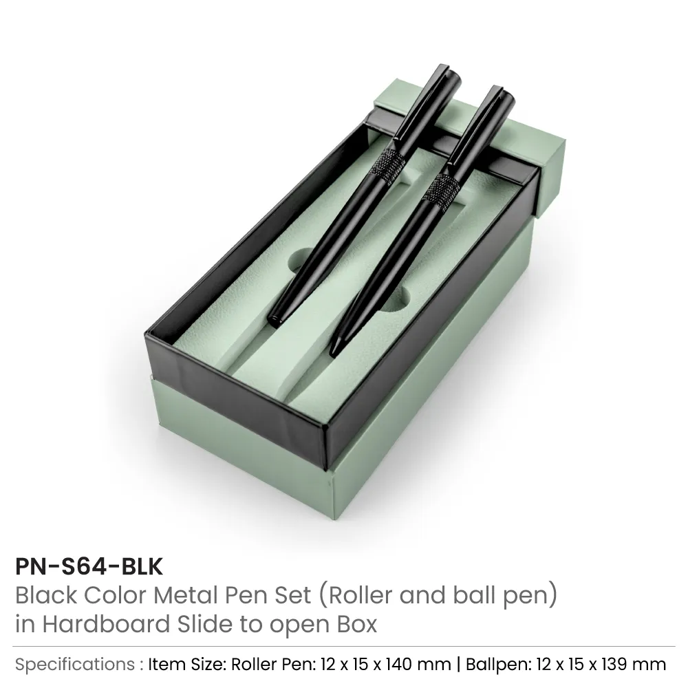 Black-Metal-Pen-Set-PNS64-Details.webp Black Metal Pen Set with Matte Finish in Hardboard Slide to Open Box - Image 6