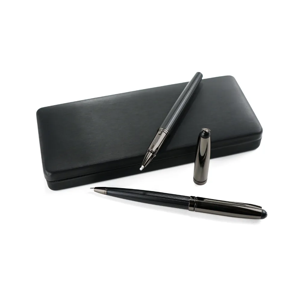 Black-Metal-Pen-Set-with-Box-PN63.webp Black Metal Pen Set with Matte & Glossy Finish in PU Leather Box - Image 7