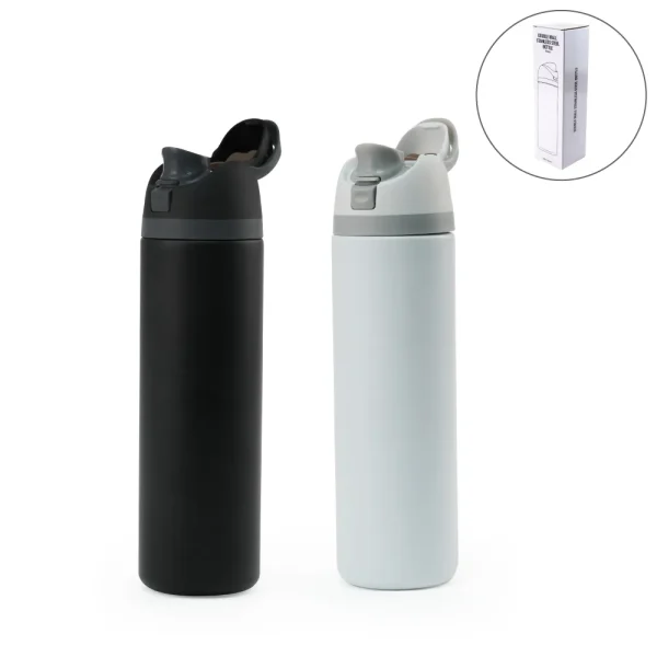 SS Bottles with Straw & Push Button Lid - Double-Wall Vacuum, 1Liter