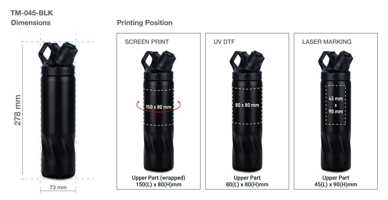 Stainless Steel Water Bottles in Black Matte Double Wall TM 045 Printing Details