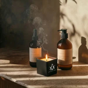 Scented Candle in Square Glass Bottle with Bamboo Lid, Oakmoss & Amber Scent - Image 2