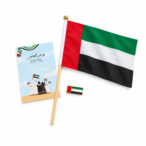UAE Flag Badge and Hand Flag Set On UAE Theme A6 Card FLD BS01 Main