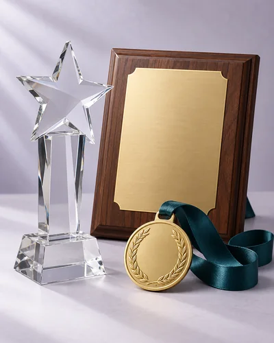 Awards and plaques: crystal trophy, plaque and medal