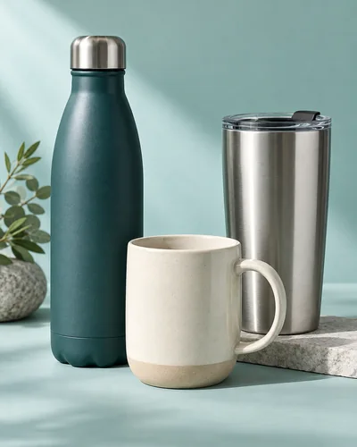 Promotional drinkware: bottle, tumbler and ceramic mug