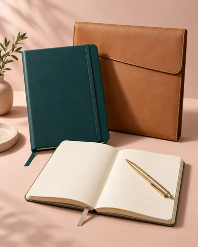 Branded stationery: notebooks, pen and document folio