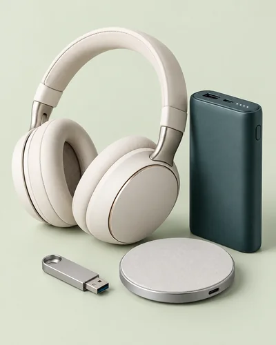 Technology gifts: headphones, power bank and wireless charger